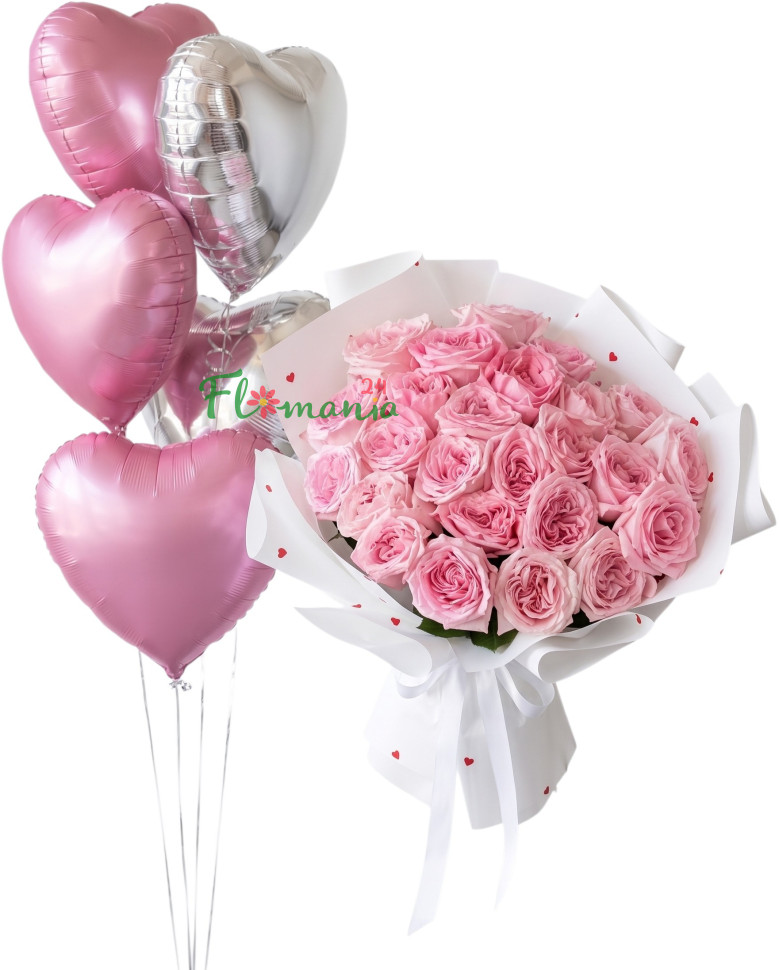 Букет из розовых роз с фольгированными шарами «Невесомость»